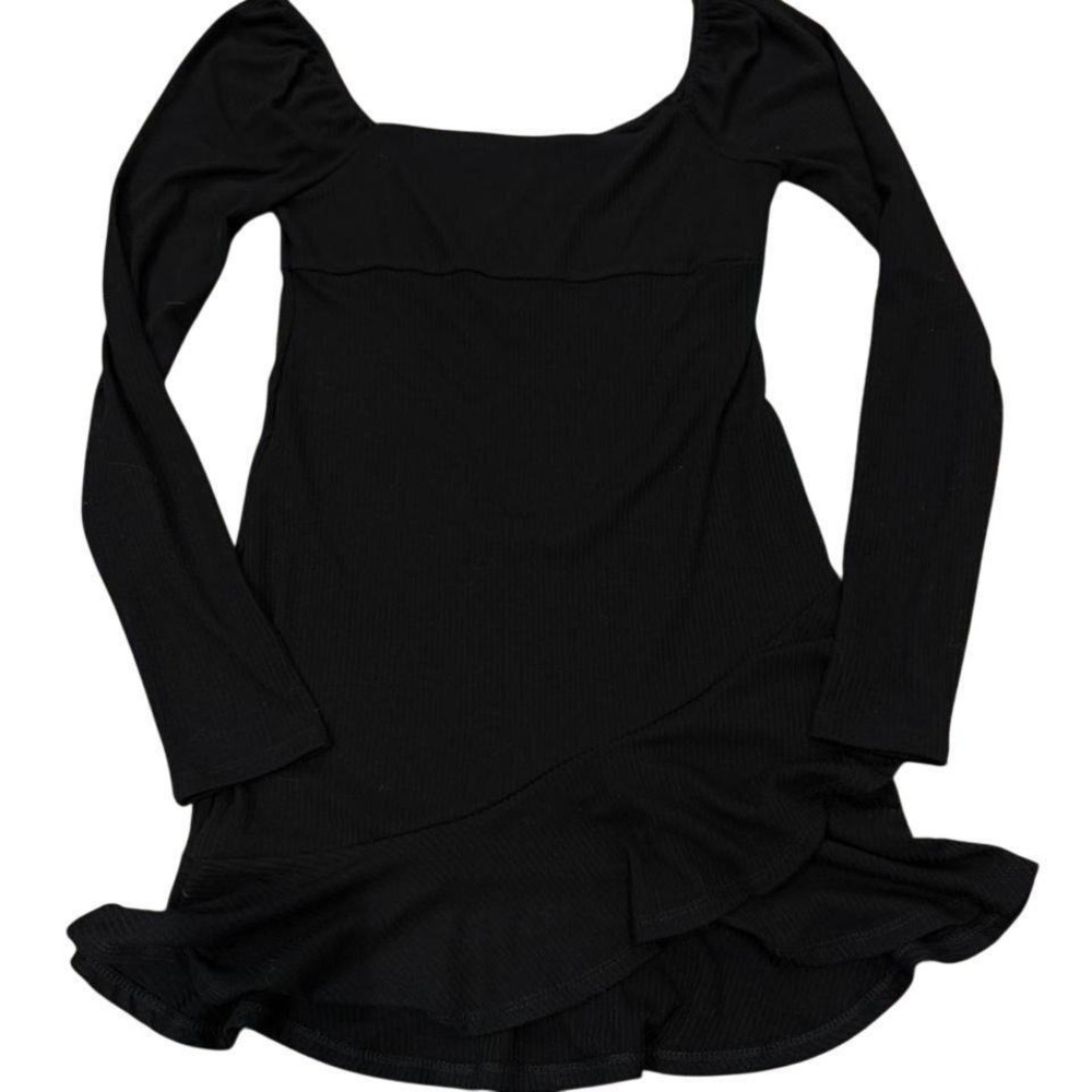 Forever 21 Black Ribbed Knit‎ Ruffle Hem Long Sleeve Mini Dress NWT Size Medium